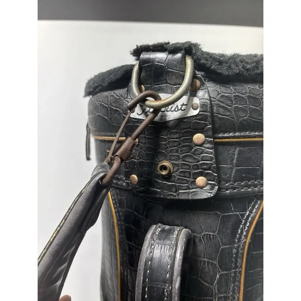 Vintage Titleist Leather Golf Bag Black Faux Alligator Carry Bag Rain Cover USA